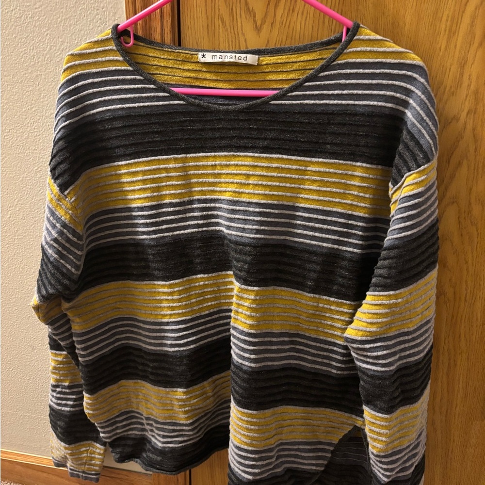 Women's Striped Crew Neck Sweater - Yellow and Gray